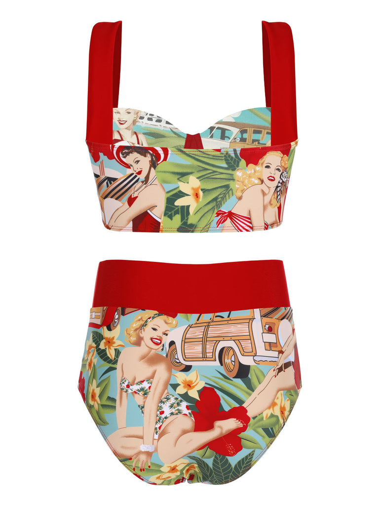3PCS Red Retro Lady Bikini Set