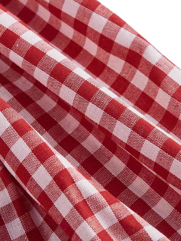 Red 1950s Gingham Plaid Button Spaghetti Strap Dress