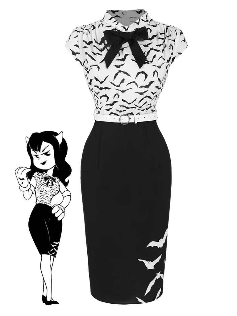 Black 1960s Bats Bow Lapel Pencil Dress Retro Stage