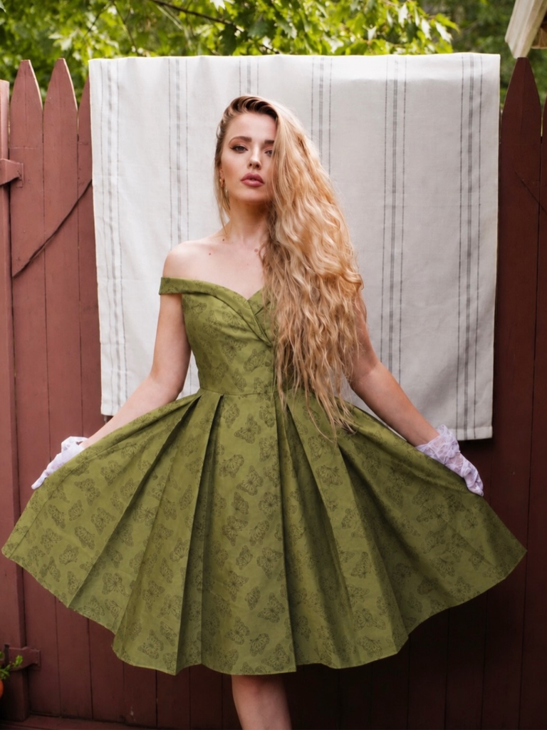Green 1950s Off-Shoulder Vintage Dress