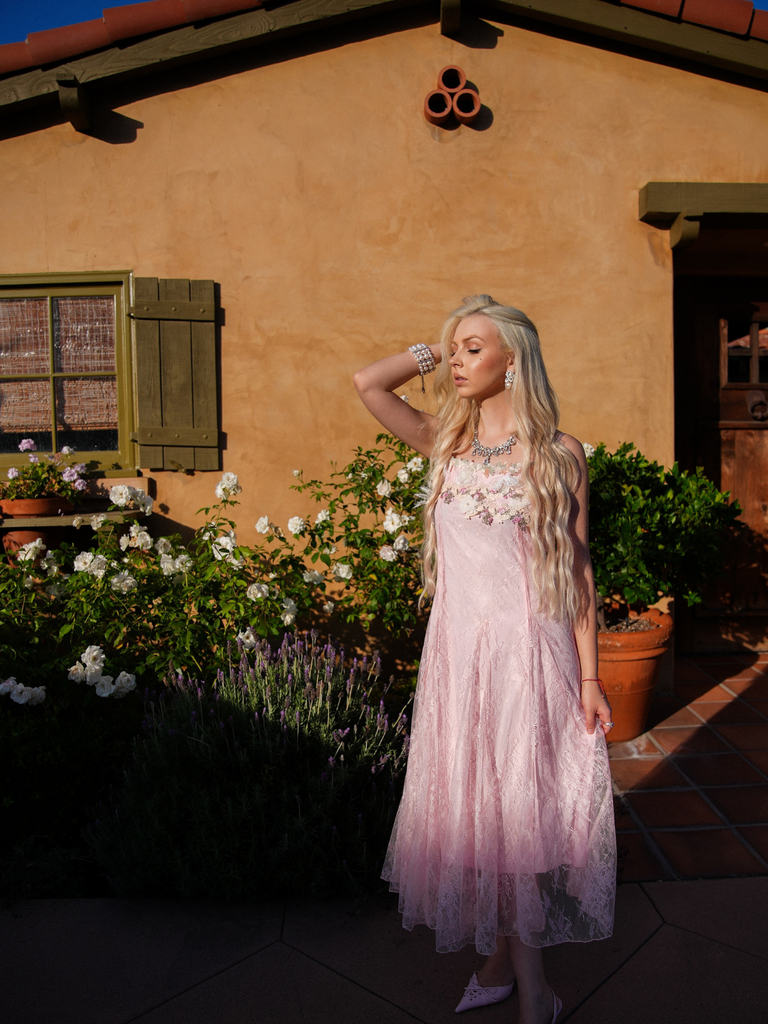Pink 1940s Floral Lace Spaghetti-Strap Maxi Dress