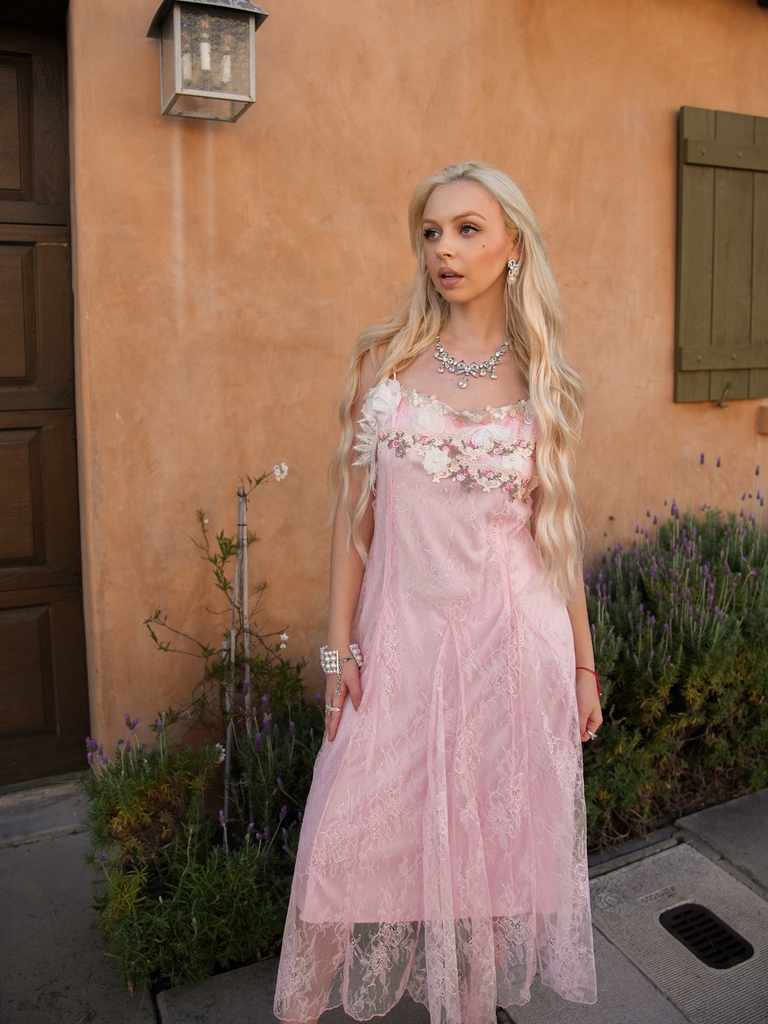 Pink 1940s Floral Lace Spaghetti-Strap Maxi Dress