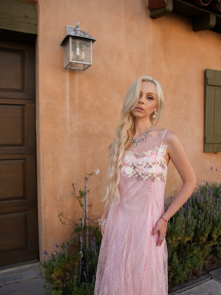 Pink 1940s Floral Lace Spaghetti-Strap Maxi Dress