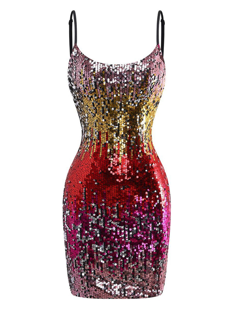 Multicolor 1980s Sequin Bodycon Spaghetti Strap Dress