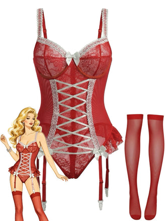 Red 1960s Lace Bow Corset Lingerie With Stocking