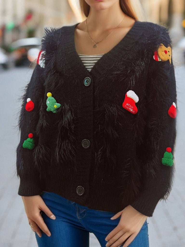 1970s 3D Christams Print Fluffy Knit Button Cardigan