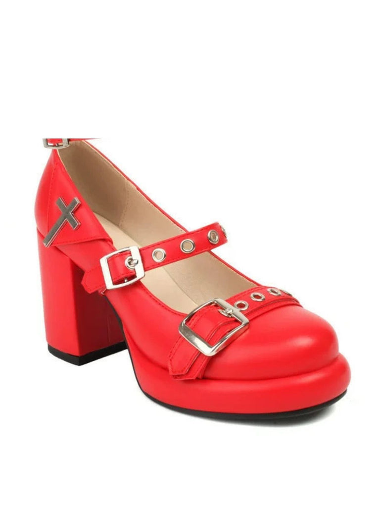 Punk Cross Buckle Ankle Strap Chunky High Heels