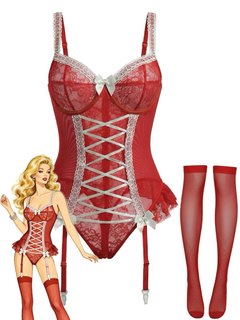 Red 1960s Lace Bow Corset Lingerie With Stocking