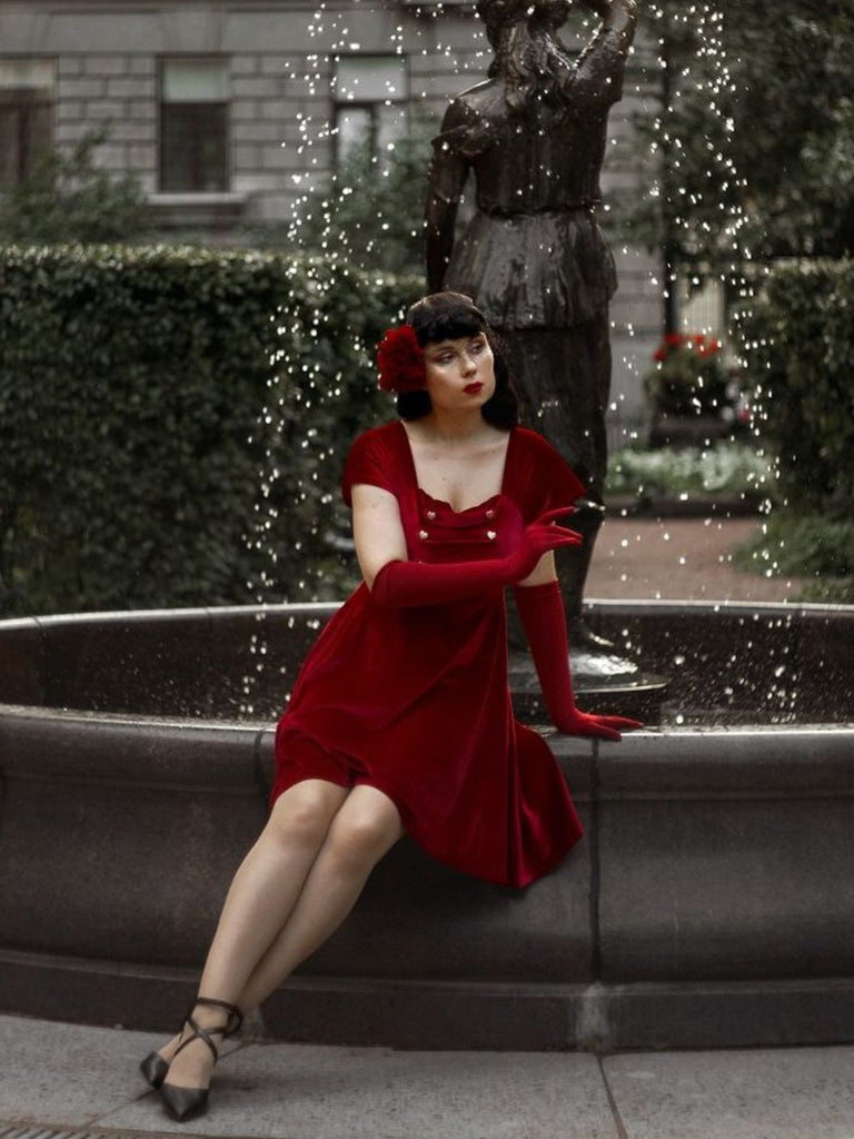Wine Red 1950s Heart Button Solid Dress
