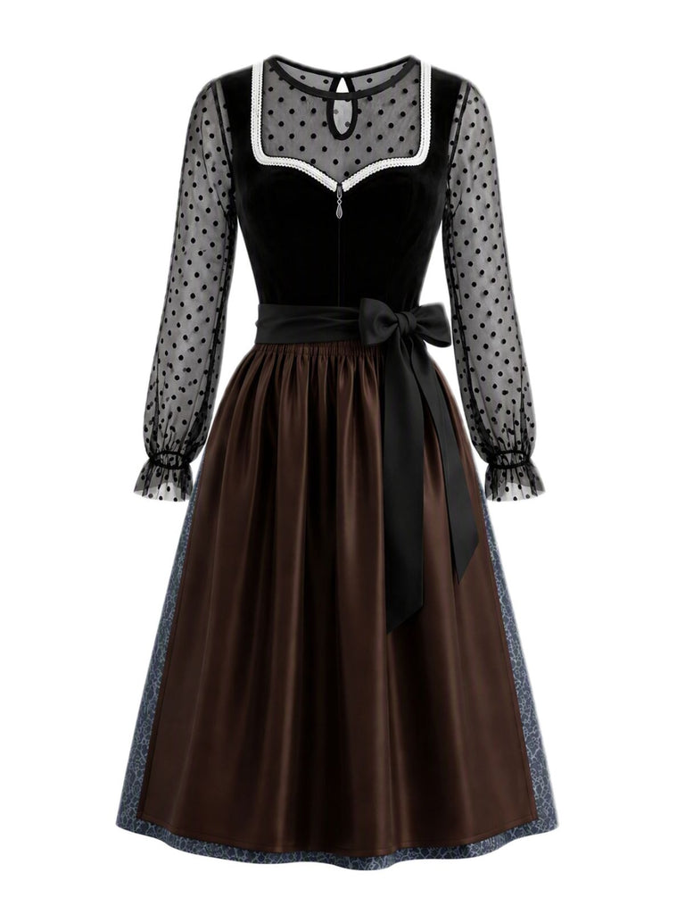 3PCS 1950s Polka Dot Mesh Crop Top & Contrast Trim Dress With Apron