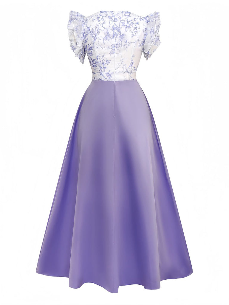 1930s Floral Flounce Sleeve V-Neck Patchwork Dress