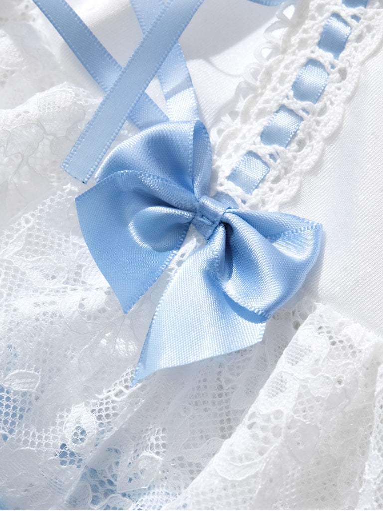 1970s Contrasted Lace Mesh Bow Lace-Up Lingerie Set