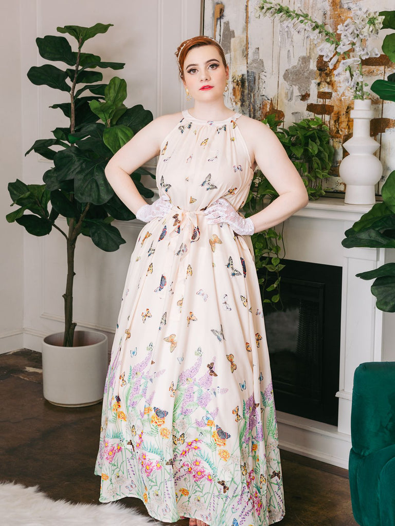 1950s Floral Butterfly Vintage Maxi Dress