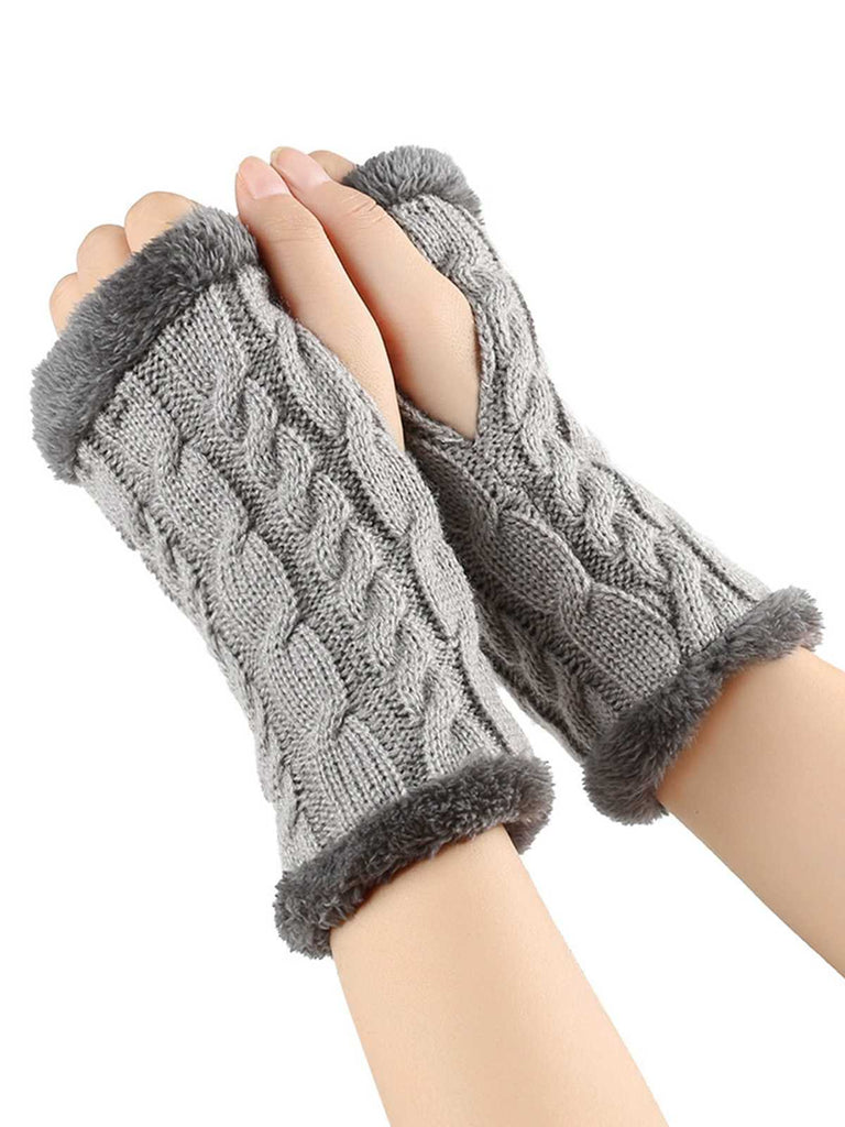 Winter Faux Fur Trim Knit Fingerless Gloves