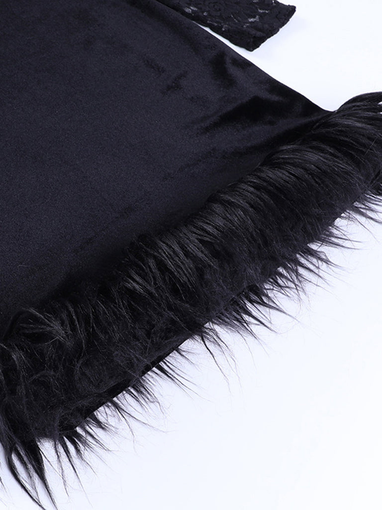 Black 1960s Lace Feather Hem Velvet Bodycon Dress