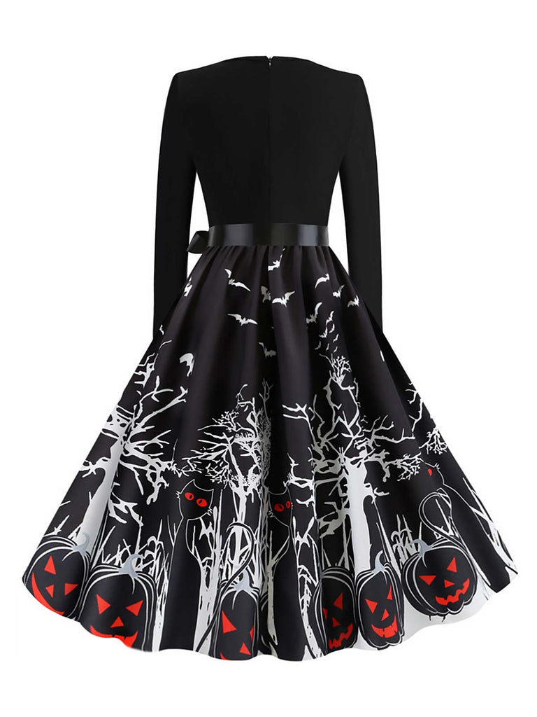 Black 1950s Halloween Pumpkin Long Sleeve Dress