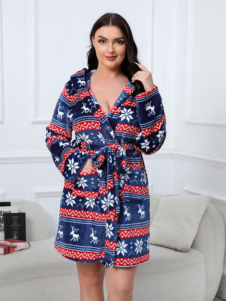 [Plus Size] 1950s Winter Print Plush Hooded Robe