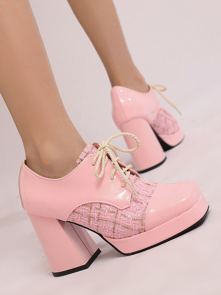 Mary Jane Plaid Square Toe Block Heel Shoes