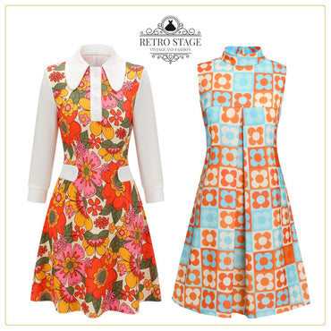 Orange & Blue 1960s Floral Stand Collar Dress