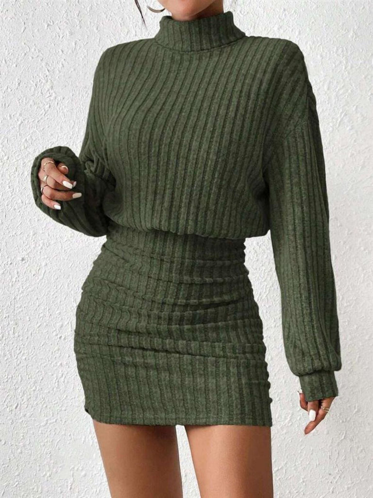 Gray 1960s Ribbed Turtleneck Sweater Bodycon Dress