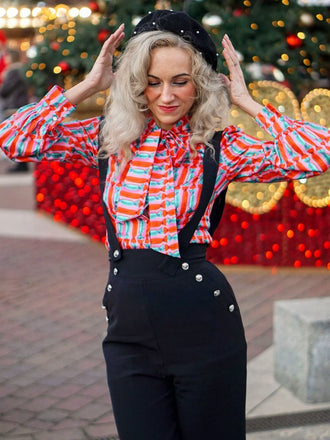 2PCS 1950s Candy Tie-Up Blouse & Black Suspender Pants