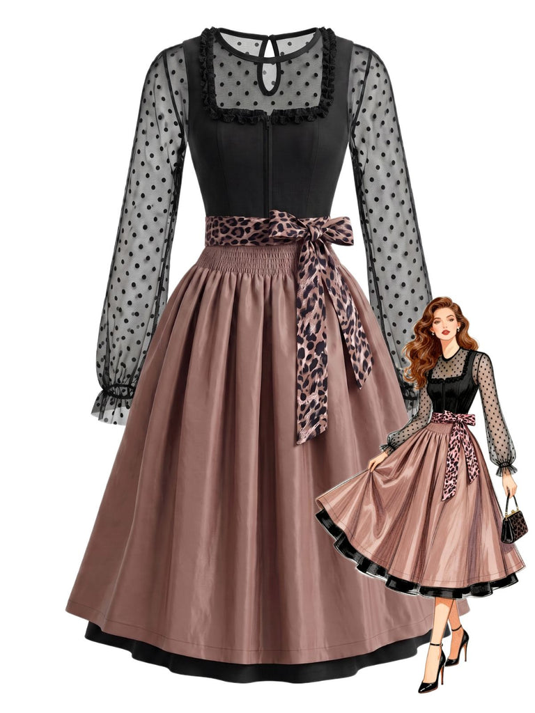 3PCS 1950s Polka Dot Crop Top & Dress With Leopard Apron