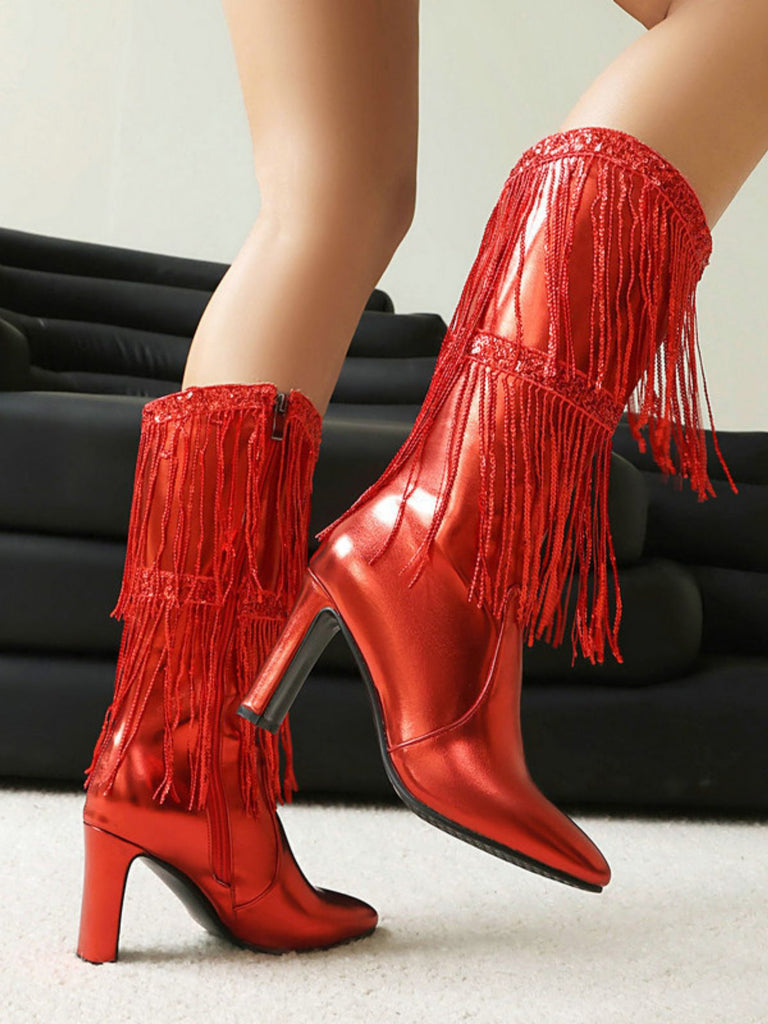 Metallic Pointed-Toe Fringed Disco Ankle Boots