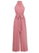 Pink 1940s Halter Slit Solid Belted Jumpsuit