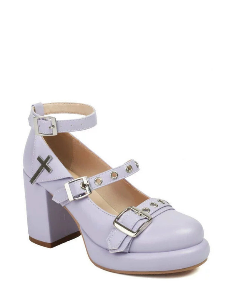 Punk Cross Buckle Ankle Strap Chunky High Heels