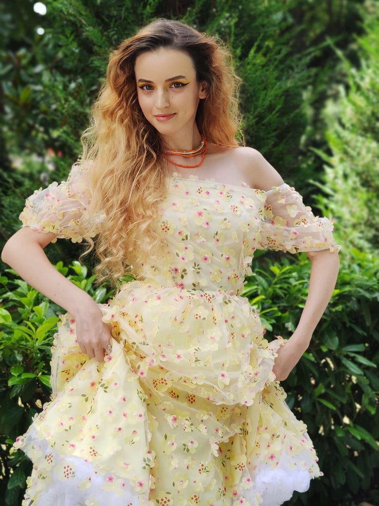 Yellow 3D Floral Puff Sleeves Swing Dress
