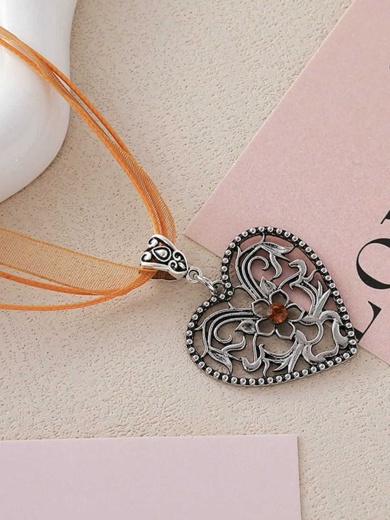 Vintage Ribbon Heart Flower Necklace