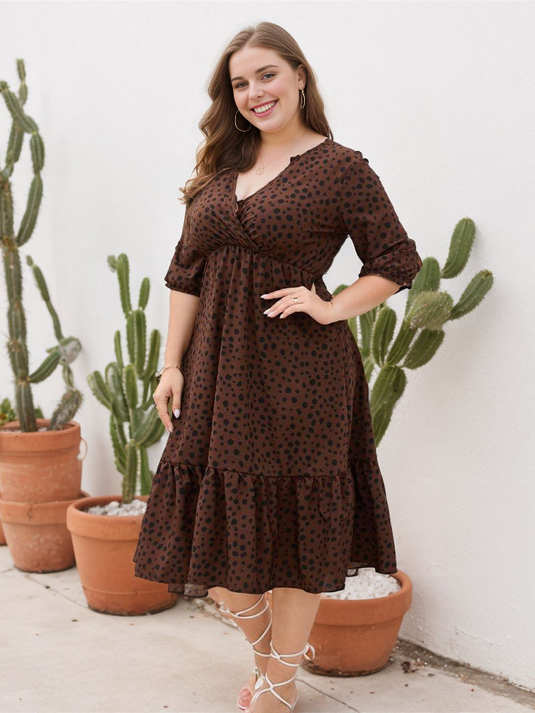 [Plus Size] 1950s V-neck Leopard Half Sleeve Dress
