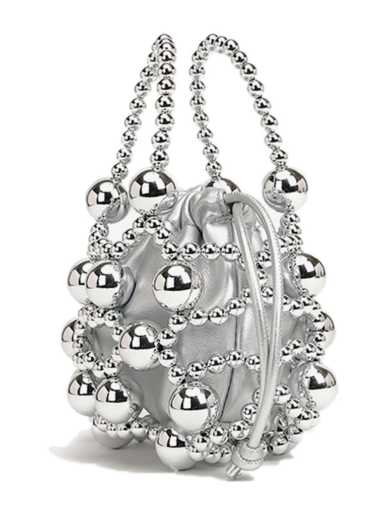 Metallic Beaded Drawstring Mini Bucket Bag