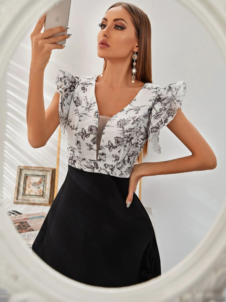 1930s Floral Flounce Sleeve V-Neck Patchwork Dress