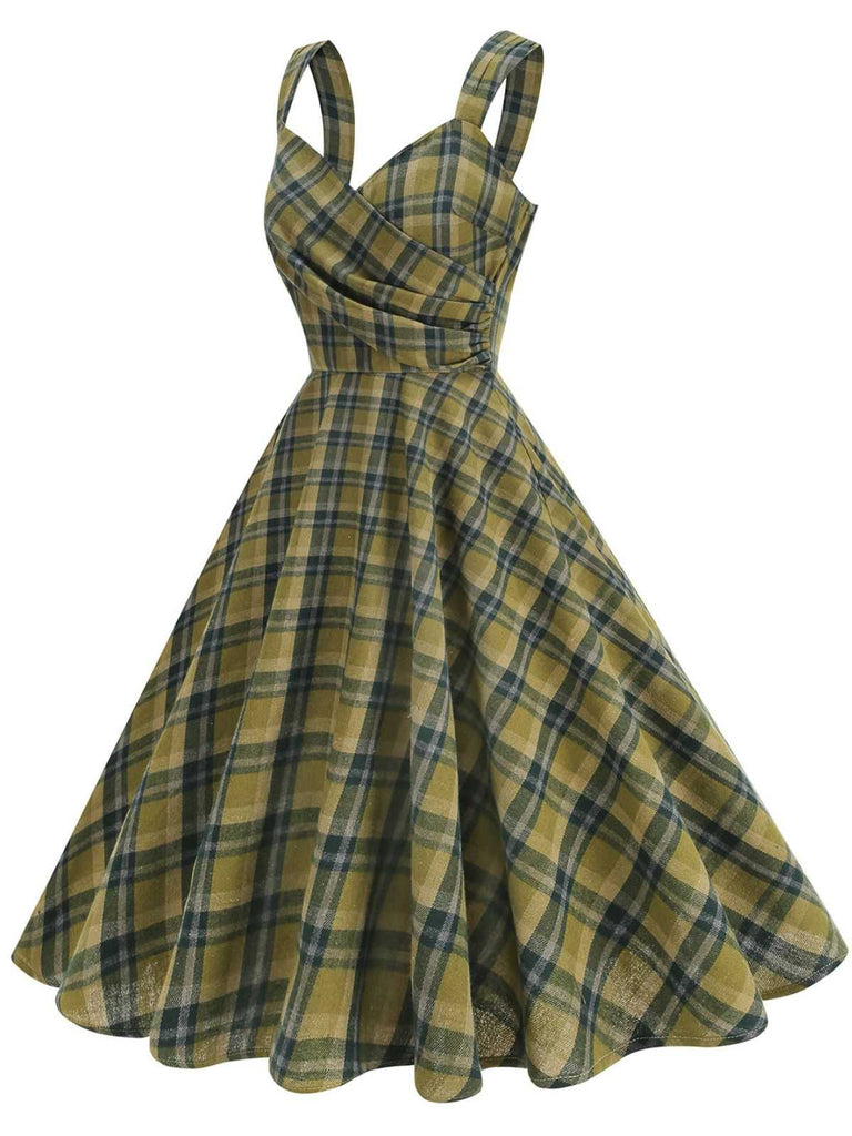 1950s Slip V-Neck Plaid Swing Dress