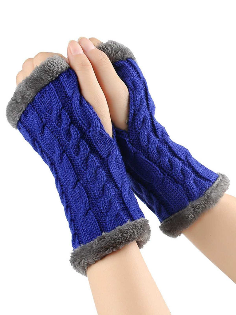 Winter Faux Fur Trim Knit Fingerless Gloves