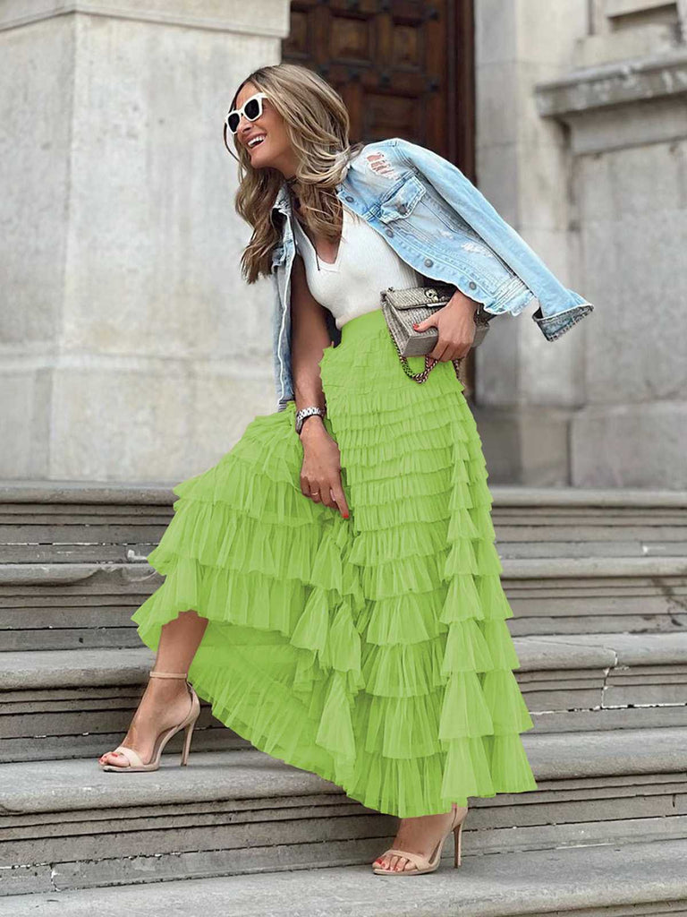 1940s Tiered Mesh Ruffle A-Line Solid Skirt