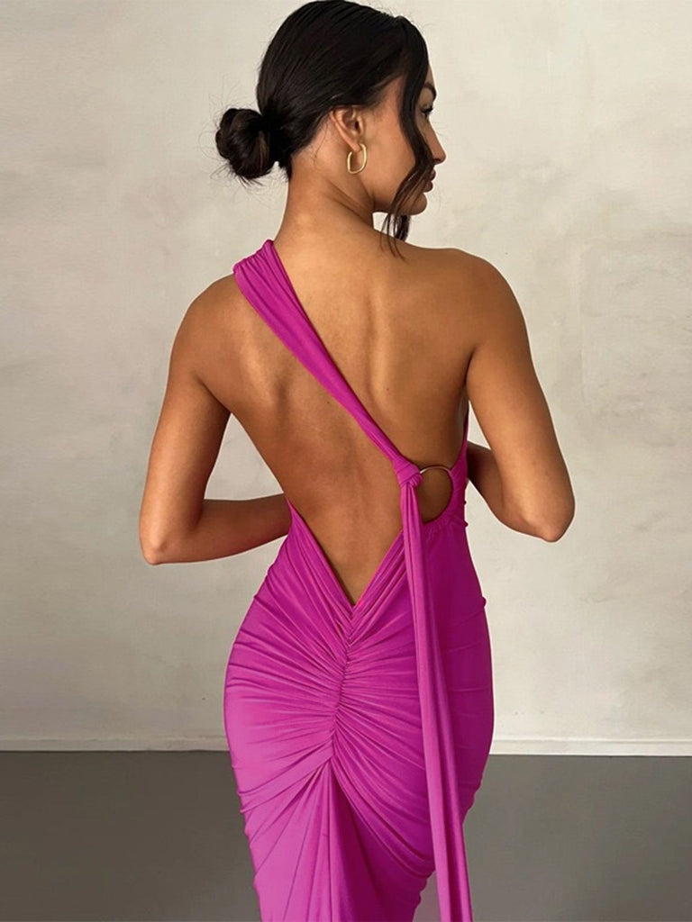 1980s Solid One-Shoulder Evening Backless Dress with Train