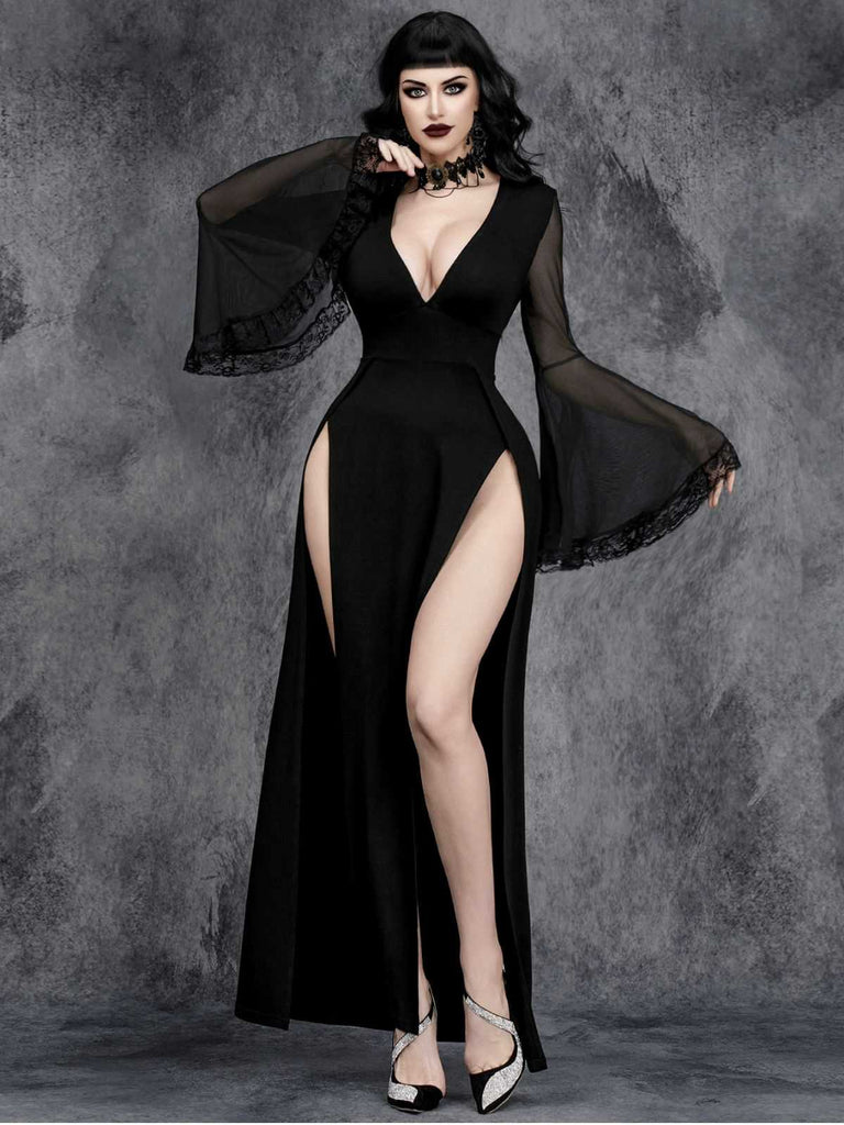 Black 1980s Gothic Slit Flared Sleeve Lace V-Neck Dress