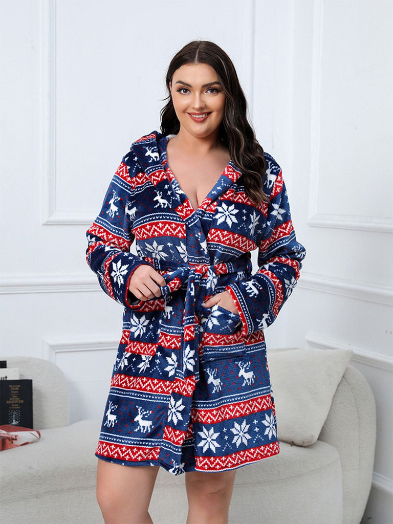 [Plus Size] 1950s Winter Print Plush Hooded Robe