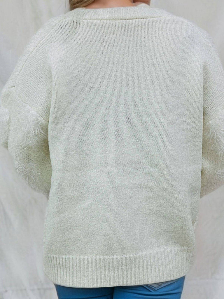 1970s 3D Christams Print Fluffy Knit Button Cardigan