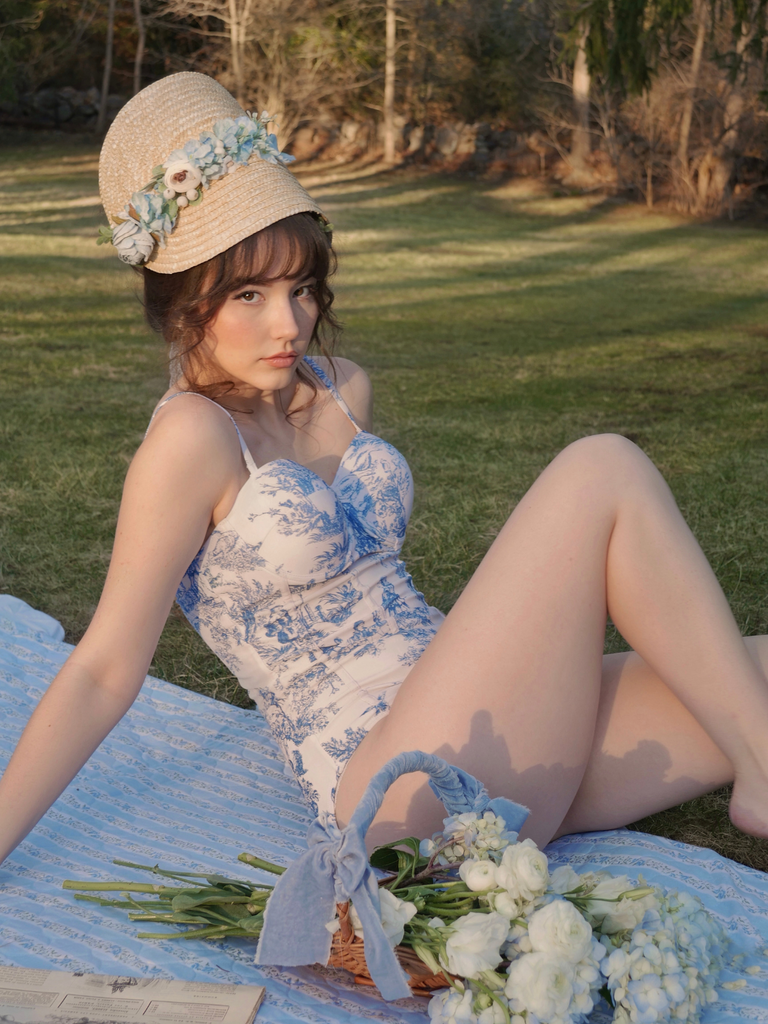 1950s Ink Floral Spaghetti Strap One-Piece Swimsuit
