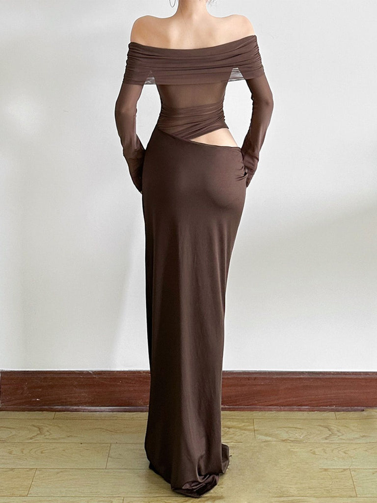 1980s Solid Off-Shoulder Mesh Cut-Out Sheer Dress