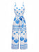 Blue 1930s Spaghetti Strap Seashell Print Belted Jumpsuit