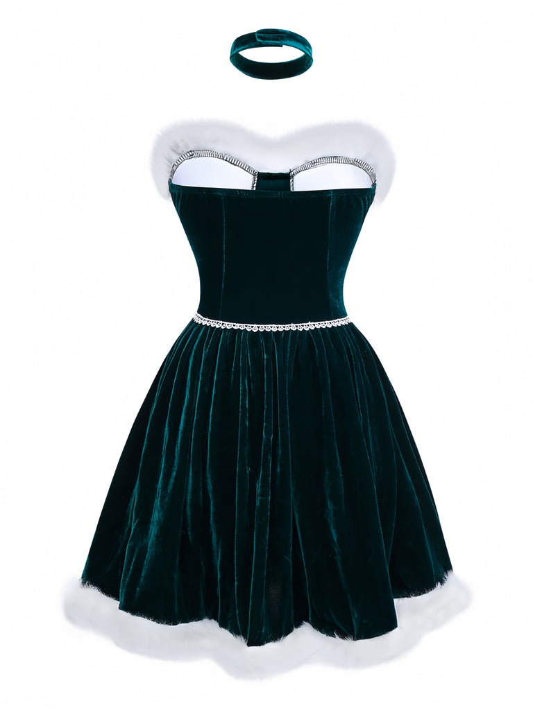 Green 1960s Velvet Fringe Strapless Mini Dress