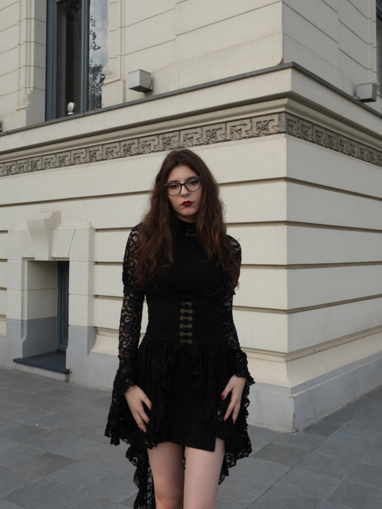 Black 1980s Gigot Sleeve Victorian Lace Dress