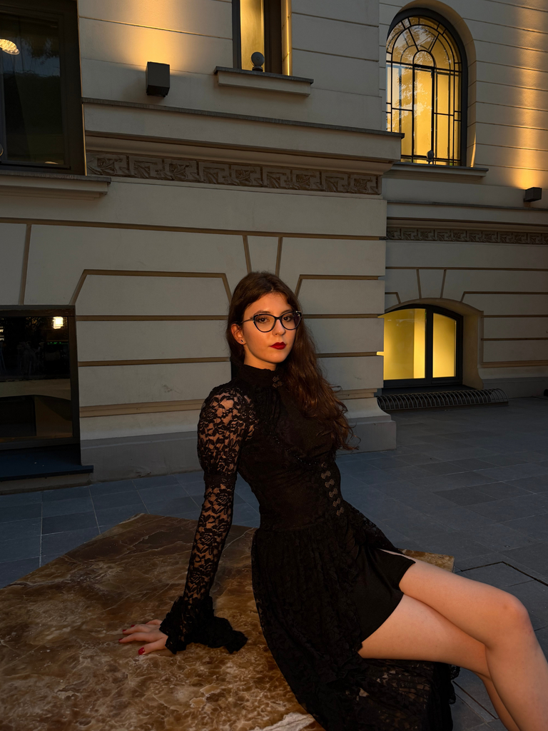 Black 1980s Gigot Sleeve Victorian Lace Dress