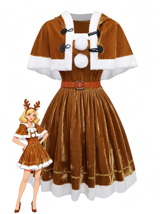 2PCS Brown 1940s Christmas Moose Cape & Velvet Dress