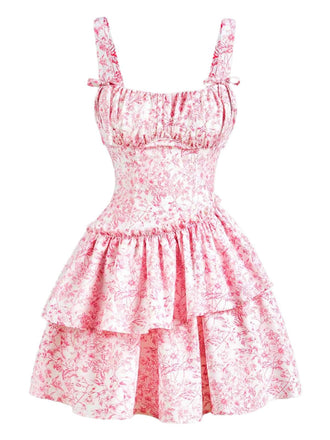 Pink 1950s Strap Floral Bow Tiered Dress