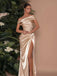 Champagne 1930s Off Shoulder Slit Satin Dress